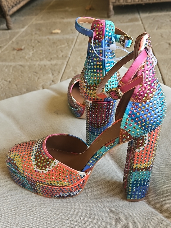 Kurt Geiger Shoes - KURT GEIGER Shoreditch Platform Heel Multi Swirl Rainbow Embellished Ankle Strap